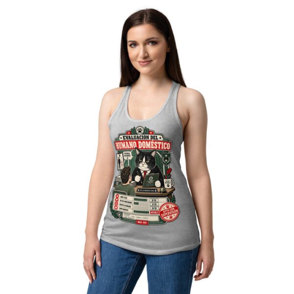 Camiseta de gatos para mujer EVALUACIÓN DEL HUMANO en color gris jaspeado, sobre modelo