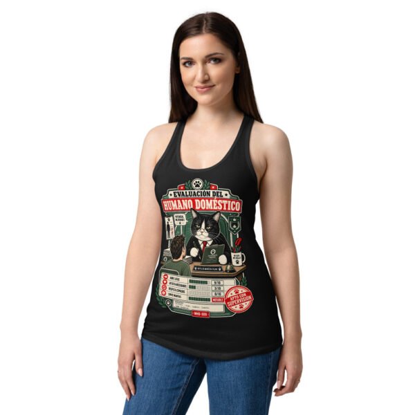Camiseta de gatos para mujer EVALUACIÓN DEL HUMANO en color negro, sobre modelo