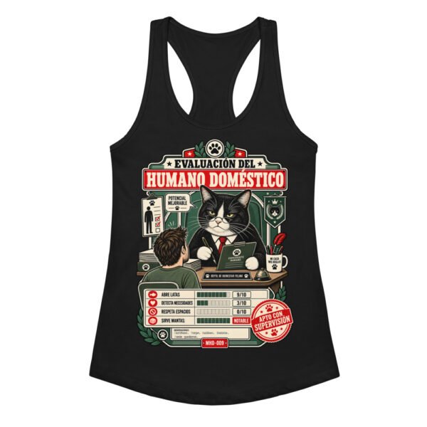 Camiseta de gatos para mujer EVALUACIÓN DEL HUMANO en color negro, vista plana