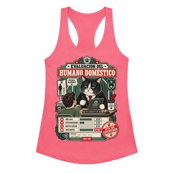 Camiseta de gatos para mujer EVALUACIÓN DEL HUMANO en color rosa eléctrico, vista plana