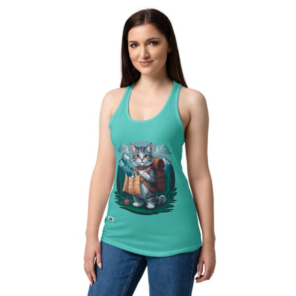 Camiseta de gatos para mujer GATO EXPLORADOR en color azul tahití, sobre modelo