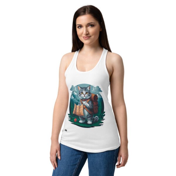 Camiseta de gatos para mujer GATO EXPLORADOR en color blanco, sobre modelo