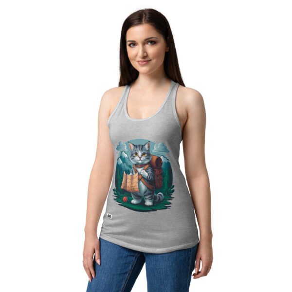 Camiseta de gatos para mujer GATO EXPLORADOR en color gris jaspeado, sobre modelo