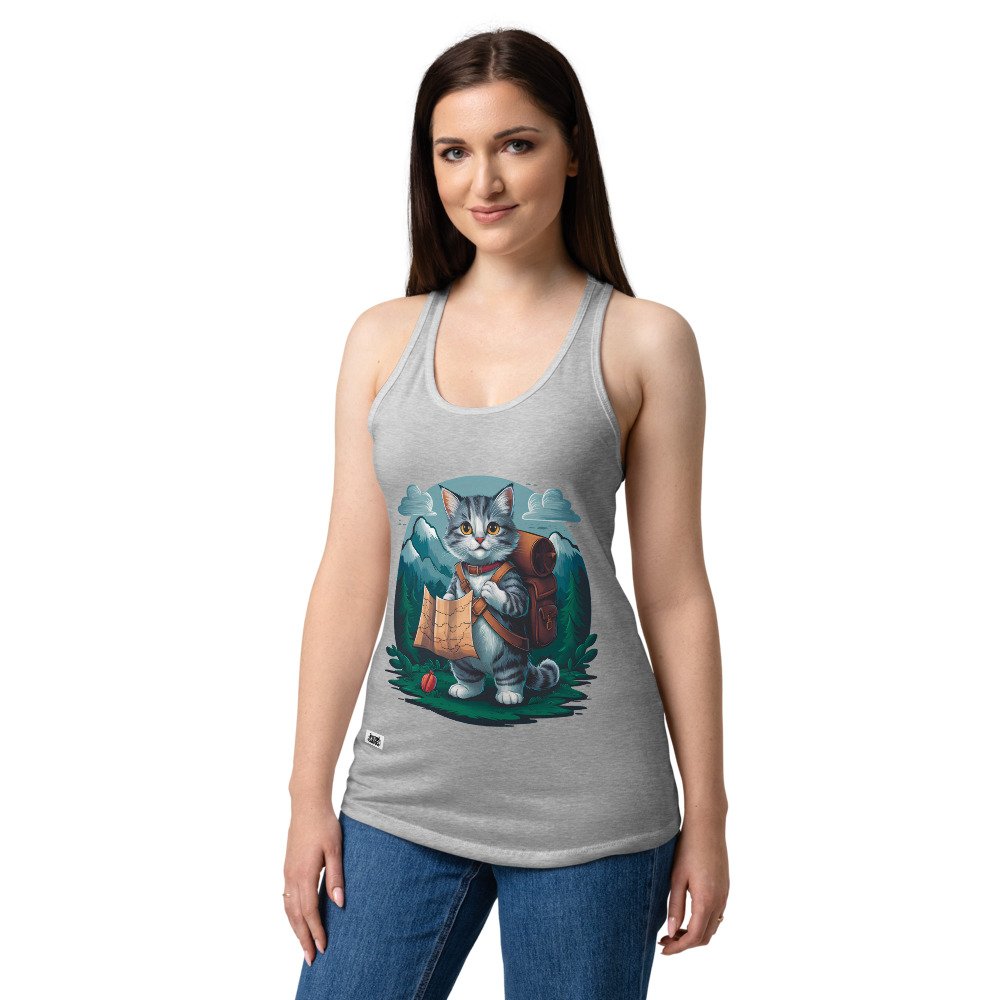Camiseta de gatos para mujer GATO EXPLORADOR en color gris jaspeado, sobre modelo