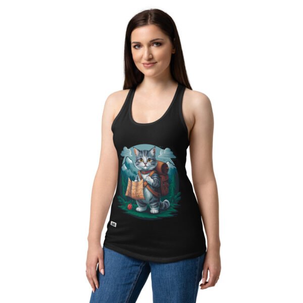 Camiseta de gatos para mujer GATO EXPLORADOR en color negro, sobre modelo