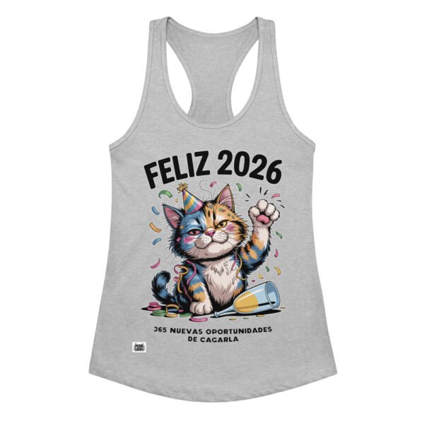 Camiseta de gatos para mujer FELIZ 2026, 365 NUEVAS OPORTUNIDADES DE CAGARLA en color gris jaspeado, vista plana