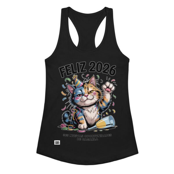 Camiseta de gatos para mujer FELIZ 2026, 365 NUEVAS OPORTUNIDADES DE CAGARLA en color negro, vista plana