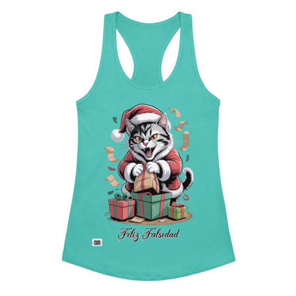 Camiseta de gatos para mujer FELIZ FALSEDAD en color azul tahití, vista plana