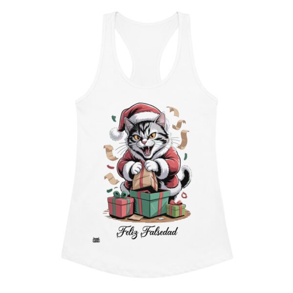Camiseta de gatos para mujer FELIZ FALSEDAD en color blanco, vista plana