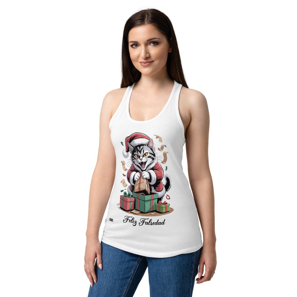 Camiseta de gatos para mujer FELIZ FALSEDAD en color blanco, sobre modelo