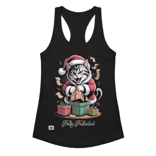 Camiseta de gatos para mujer FELIZ FALSEDAD en color negro, vista plana