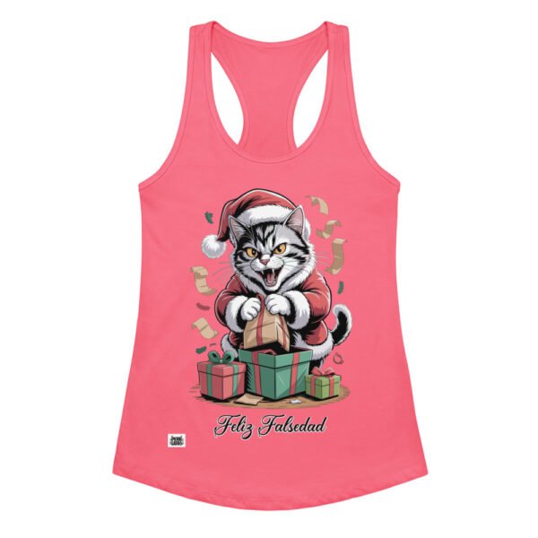 Camiseta de gatos para mujer FELIZ FALSEDAD en color rosa eléctrico, vista plana