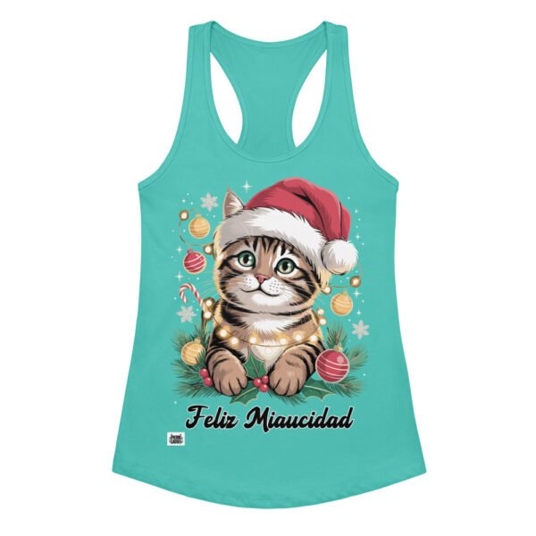 Camiseta de gatos para mujer FELIZ MIAUCIDAD en color azul tahití, vista plana