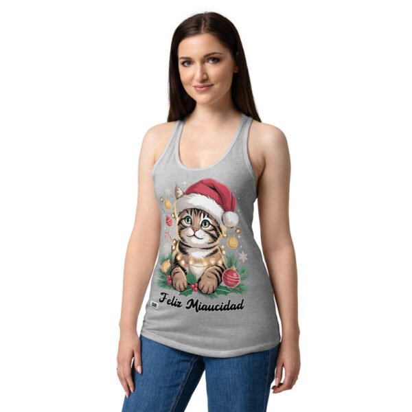 Camiseta de gatos para mujer FELIZ MIAUCIDAD en color gris jaspeado, sobre modelo