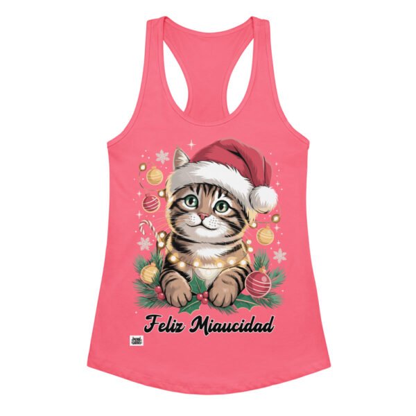 Camiseta de gatos para mujer FELIZ MIAUCIDAD en color rosa eléctrico, vista plana