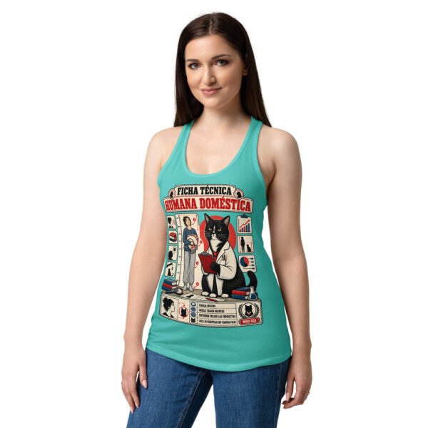 Camiseta de gatos para mujer FICHA TÉCNICA DE LA HUMANA en color azul tahití, sobre modelo