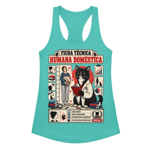 Camiseta de gatos para mujer FICHA TÉCNICA DE LA HUMANA en color azul tahití, vista plana