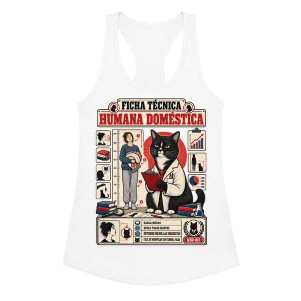 Camiseta de gatos para mujer FICHA TÉCNICA DE LA HUMANA en color blanco, vista plana
