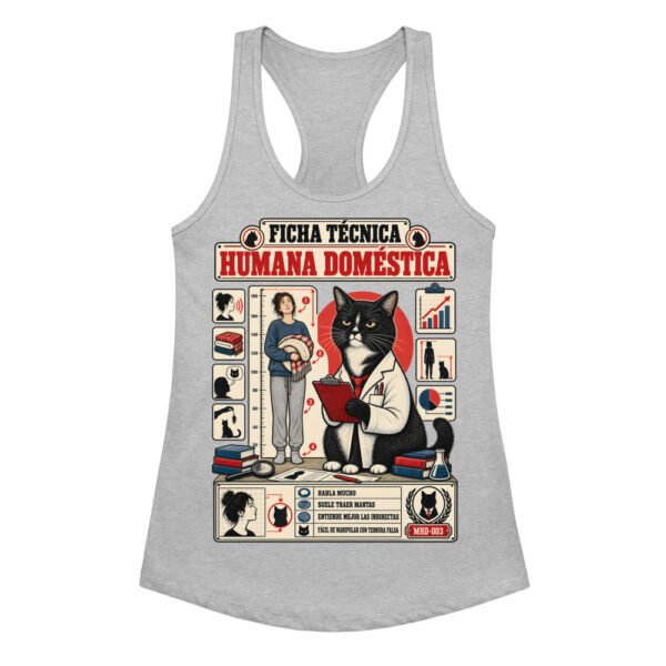 Camiseta de gatos para mujer FICHA TÉCNICA DE LA HUMANA en color gris jaspeado, vista plana