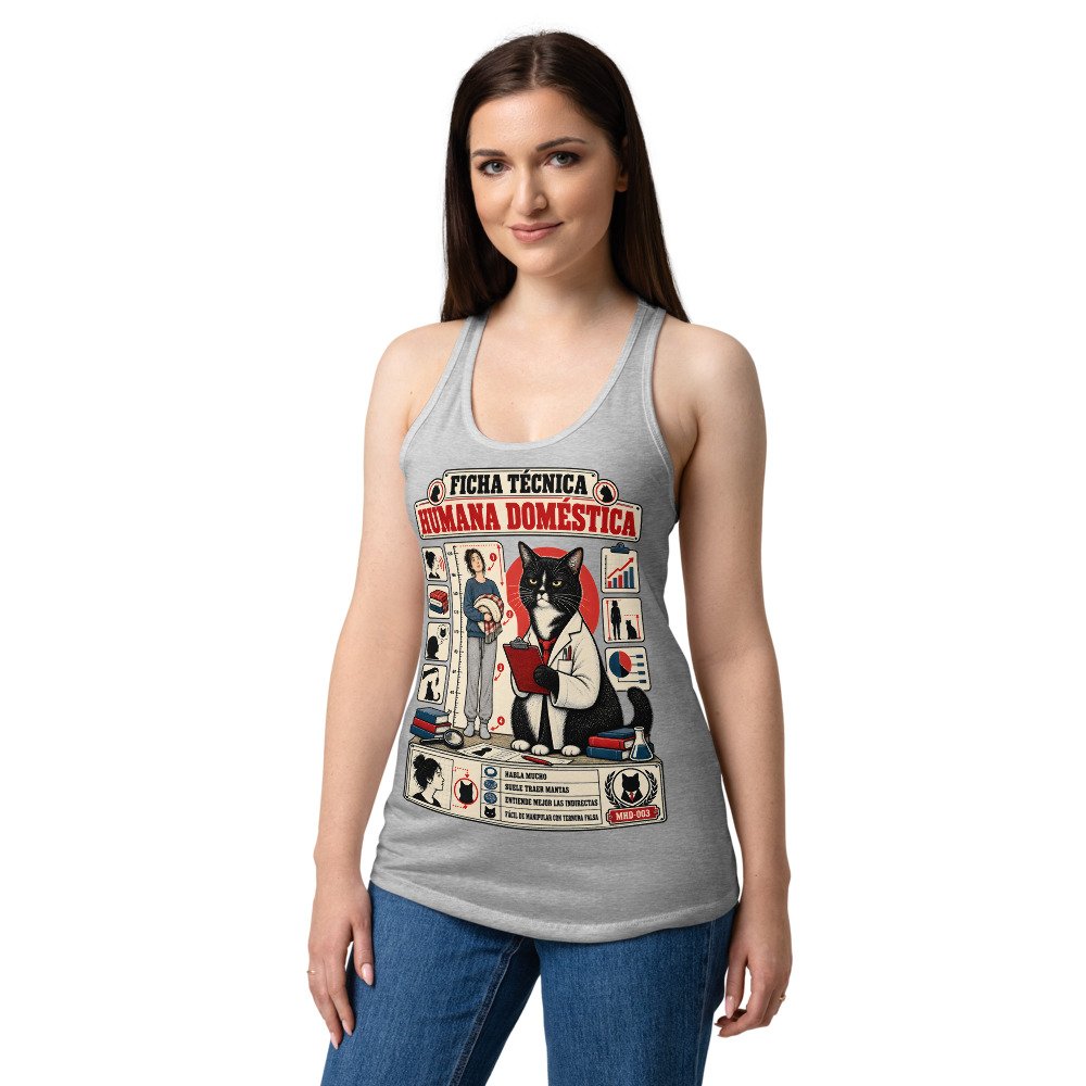 Camiseta de gatos para mujer FICHA TÉCNICA DE LA HUMANA en color gris jaspeado, sobre modelo