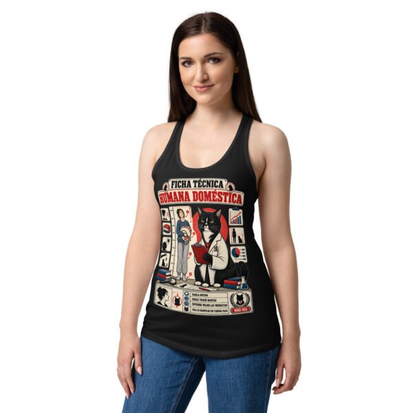 Camiseta de gatos para mujer FICHA TÉCNICA DE LA HUMANA en color negro, sobre modelo