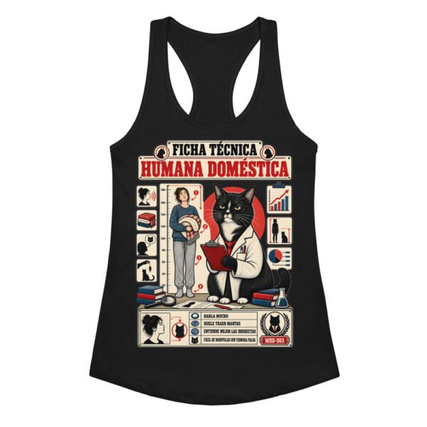 Camiseta de gatos para mujer FICHA TÉCNICA DE LA HUMANA en color negro, vista plana