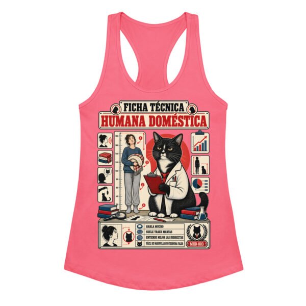 Camiseta de gatos para mujer FICHA TÉCNICA DE LA HUMANA en color rosa eléctrico, vista plana