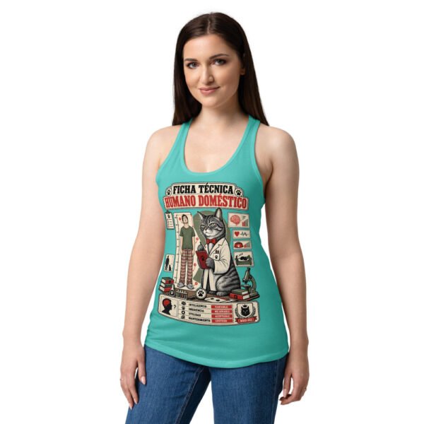 Camiseta de gatos para mujer FICHA TÉCNICA DEL HUMANO en color azul tahití, sobre modelo