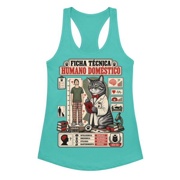 Camiseta de gatos para mujer FICHA TÉCNICA DEL HUMANO en color azul tahití, vista plana
