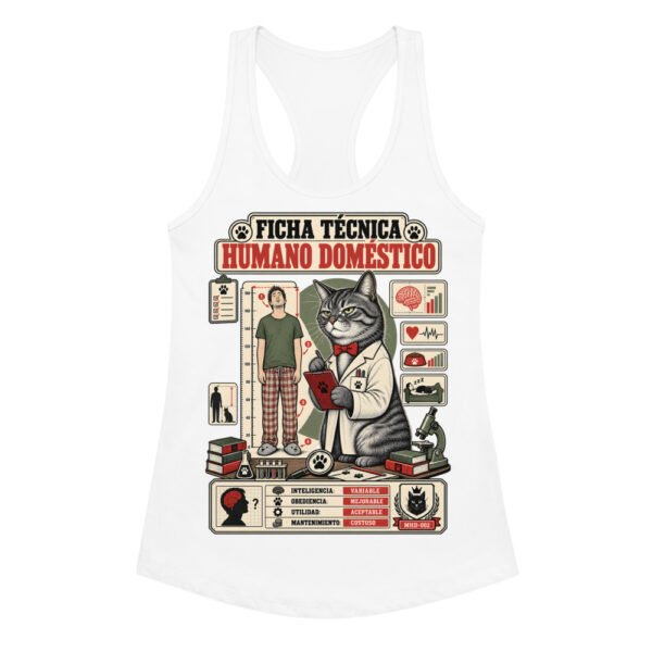 Camiseta de gatos para mujer FICHA TÉCNICA DEL HUMANO en color blanco, vista plana