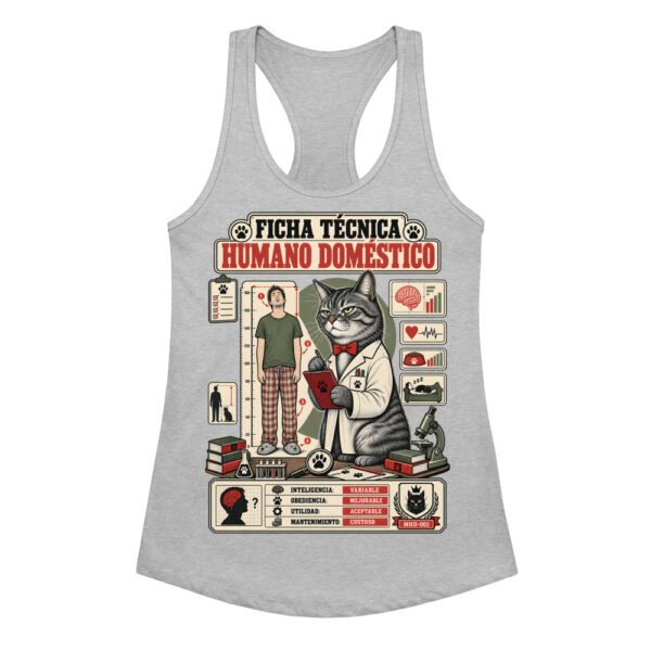 Camiseta de gatos para mujer FICHA TÉCNICA DEL HUMANO en color gris jaspeado, vista plana