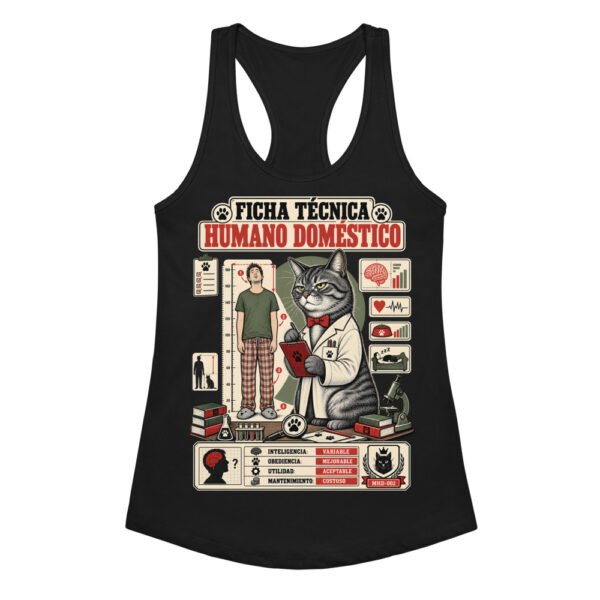 Camiseta de gatos para mujer FICHA TÉCNICA DEL HUMANO en color negro, vista plana