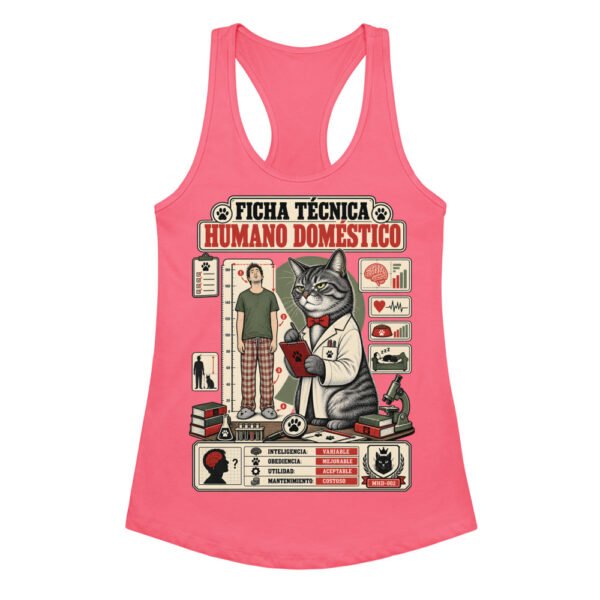 Camiseta de gatos para mujer FICHA TÉCNICA DEL HUMANO en color rosa eléctrico, vista plana