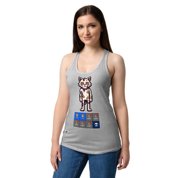 Camiseta de gatos para mujer GATO GAMER 2 VIDAS en color gris jaspeado, sobre modelo