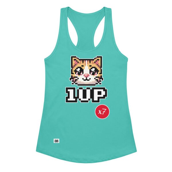 Camiseta de gatos para mujer 1UP X7 en color azul tahití, vista plana