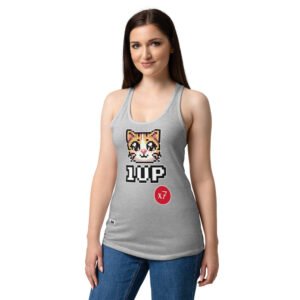 Camiseta de gatos para mujer 1UP X7 en color gris jaspeado, sobre modelo