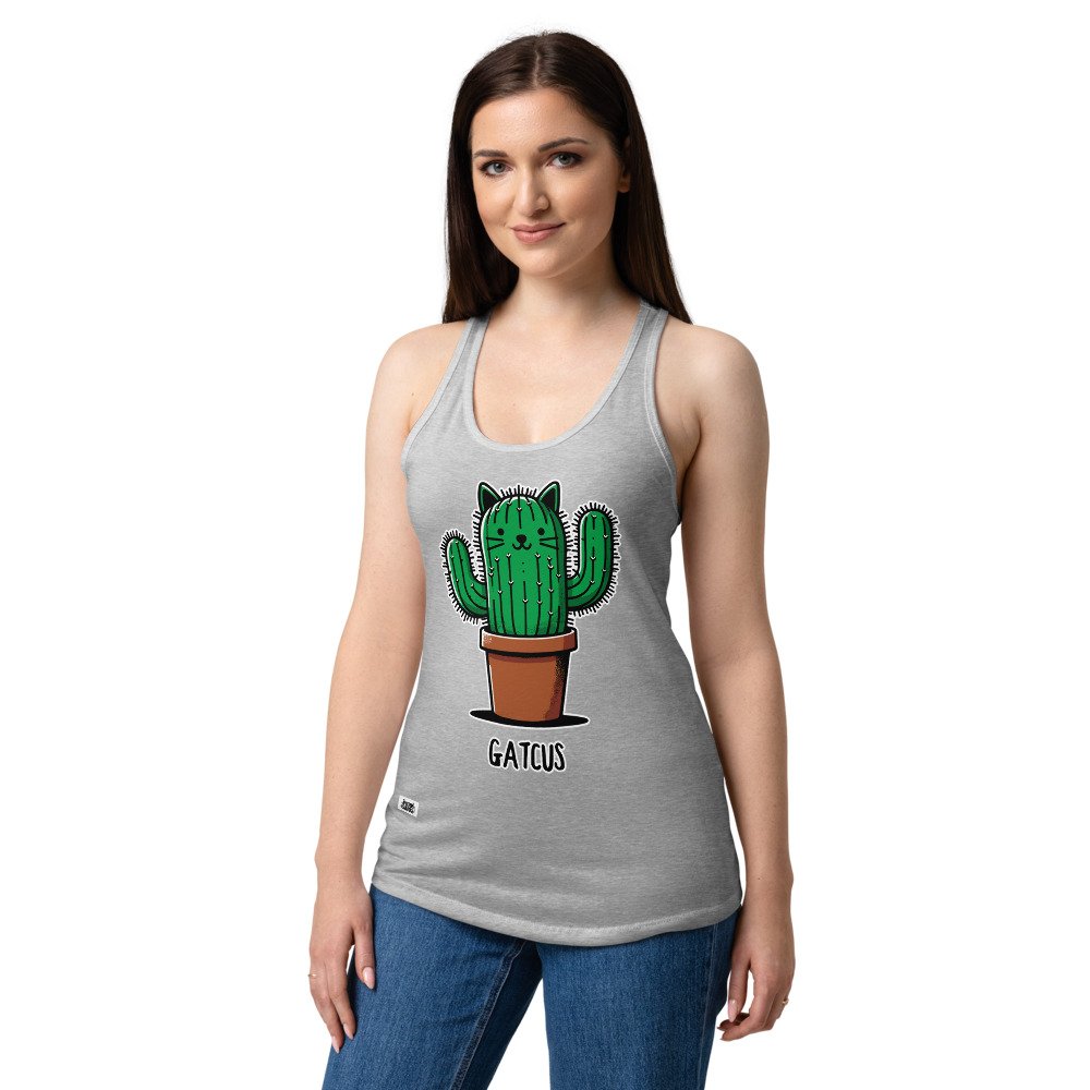 Camiseta de gatos para mujer GATCUS en color gris jaspeado, sobre modelo