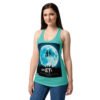 Camiseta de gatos para mujer GATETE en color azul tahití, sobre modelo