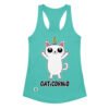 Camiseta de gatos para mujer GATICORNIO en color azul tahití, vista plana
