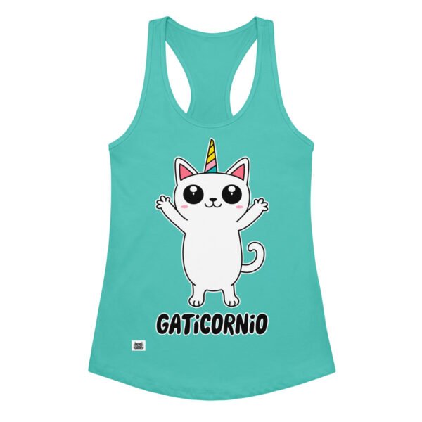 Camiseta de gatos para mujer GATICORNIO en color azul tahití, vista plana