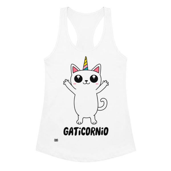 Camiseta de gatos para mujer GATICORNIO en color blanco, vista plana