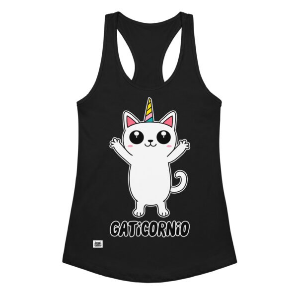 Camiseta de gatos para mujer GATICORNIO en color negro, vista plana