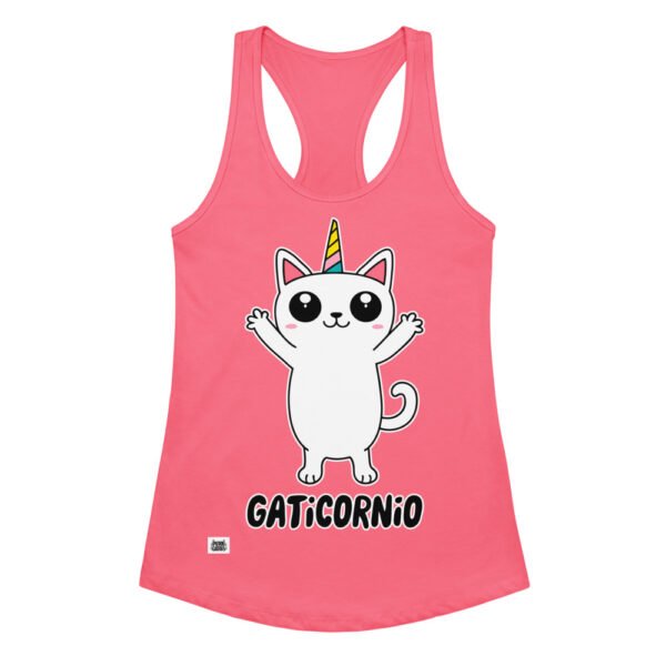 Camiseta de gatos para mujer GATICORNIO en color rosa eléctrico, vista plana