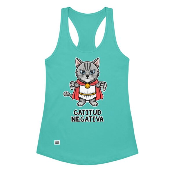 Camiseta de gatos para mujer GATITUD NEGATIVA en color azul tahití, vista plana