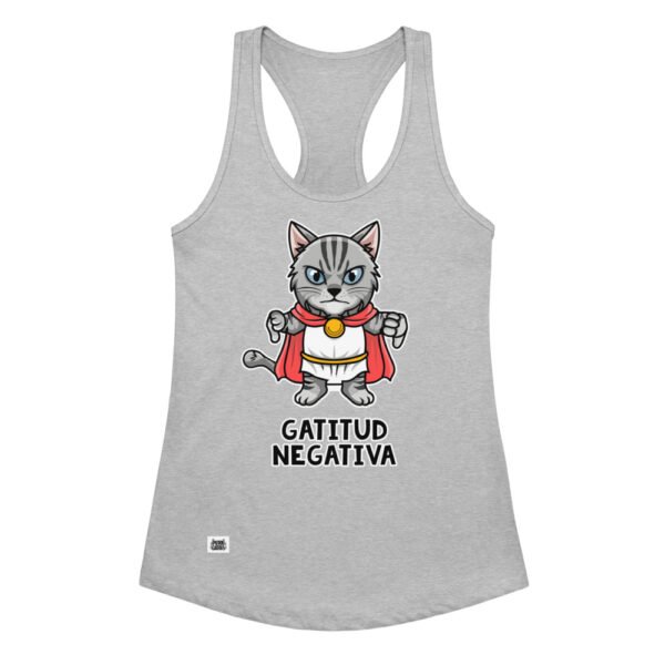 Camiseta de gatos para mujer GATITUD NEGATIVA en color gris jaspeado, vista plana