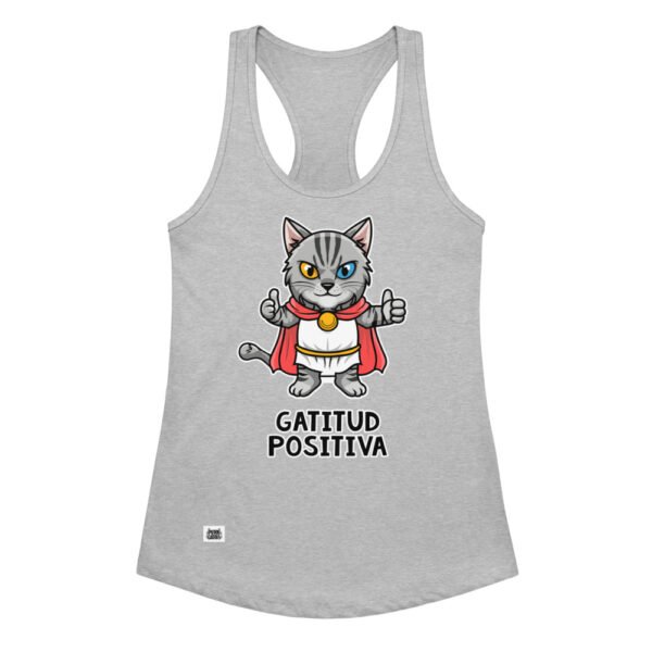Camiseta de gatos para mujer GATITUD POSITIVA en color gris jaspeado, vista plana