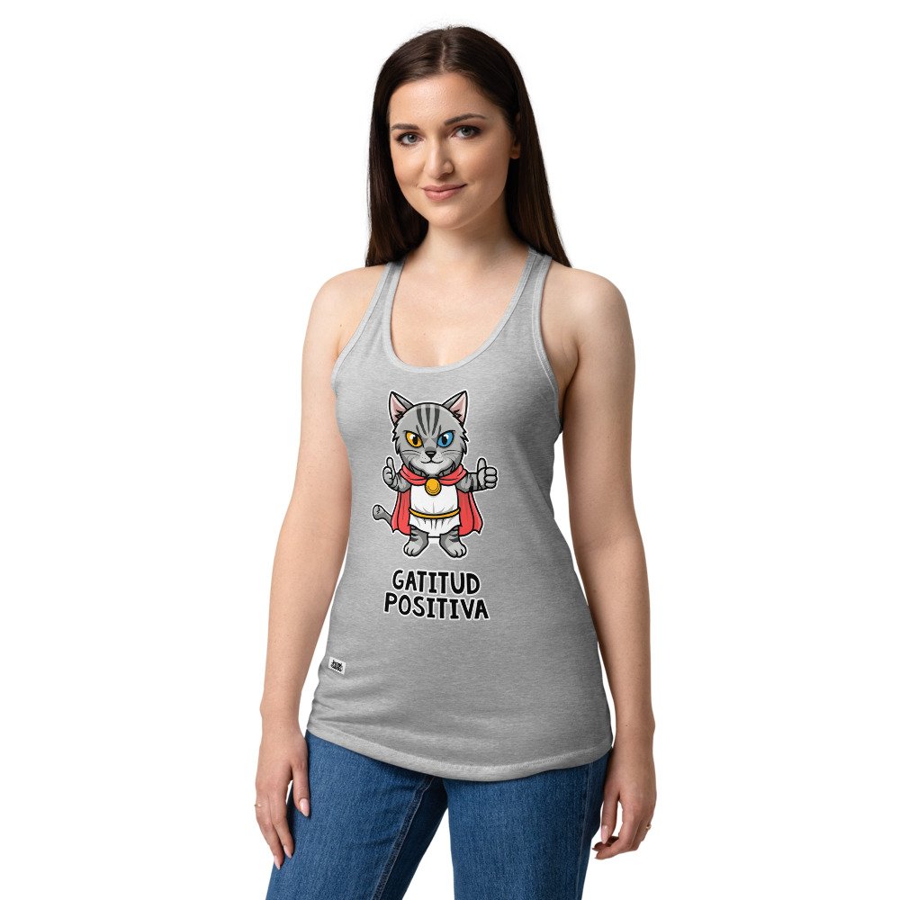 Camiseta de gatos para mujer GATITUD POSITIVA en color gris jaspeado, sobre modelo