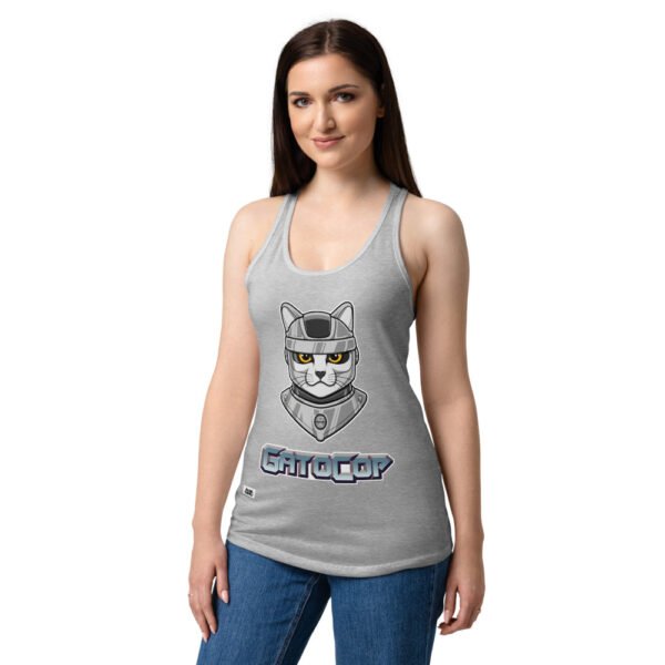 Camiseta de gatos para mujer GATOCOP en color gris jaspeado, sobre modelo