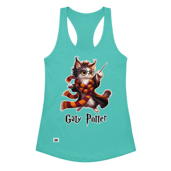 Camiseta de gatos para mujer GATY POTTER en color azul tahití, vista plana