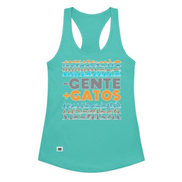Camiseta de gatos para mujer MENOS GENTE, MÁS GATOS en color azul tahití, vista plana